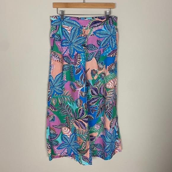Cynthia Rowley Linen Pants Womens Large Tropical Wide Leg Cropped Elastic Boho - Picture 1 of 6